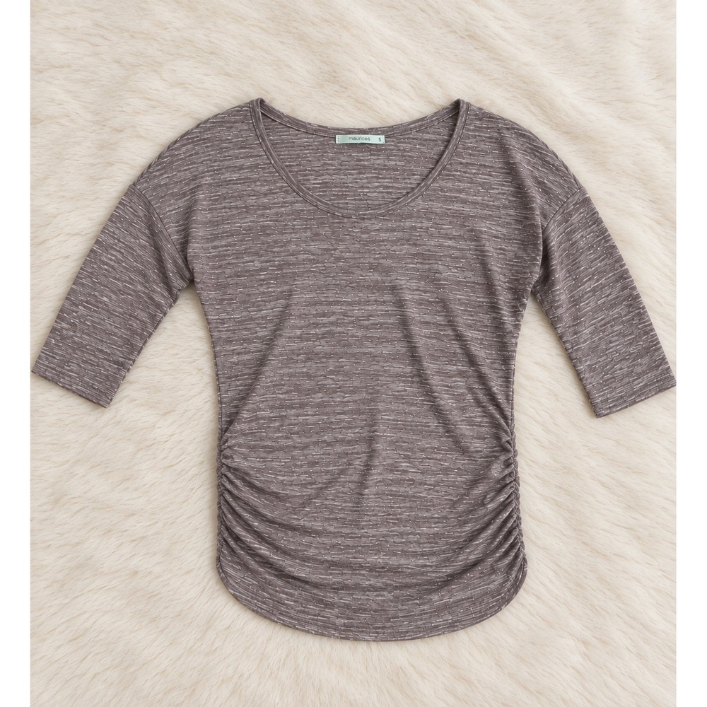 Maurice's Shimmer Ruched Top Gray Metallic 3/4 Sleeve Scoop Neck Small